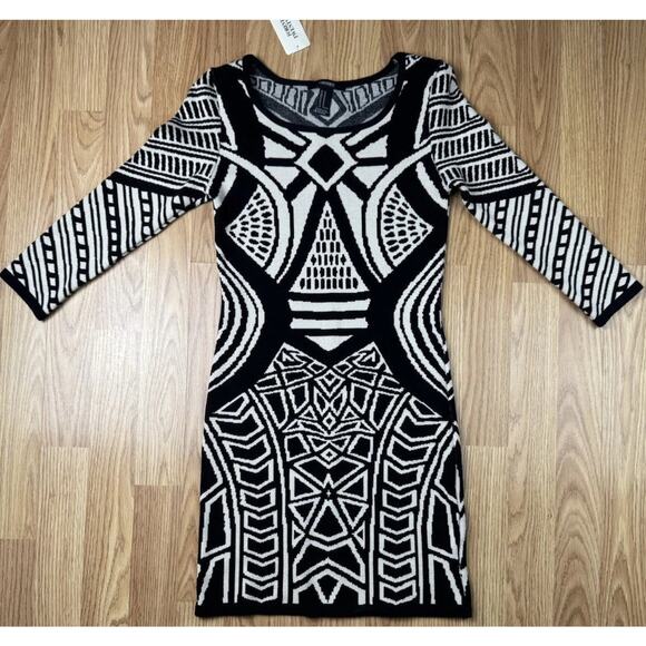 Forever 21 Dress Women Size Medium Black Knit Geometric 3/4 Sleeve Sheath NEW - Picture 6 of 8